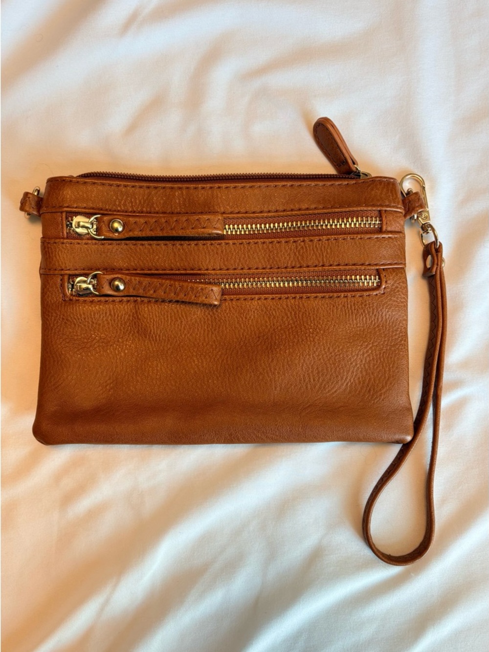 Convertible Leather Wristlet Clutch in Cognac Brown